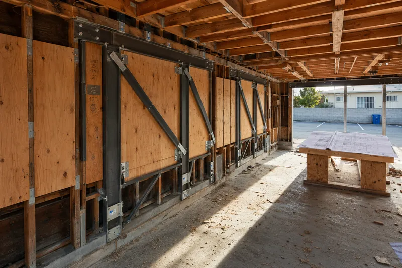 Soft-story garage retrofit in Los Angeles — steel moment frame with diagonal braces installed against plywood shear panels; LADBS-stamped plans on plywood table at right.