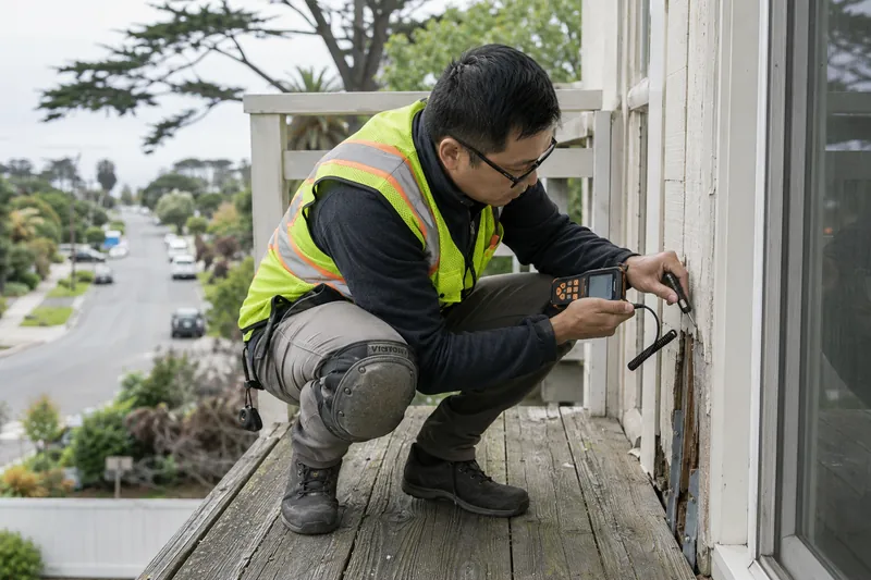 SB-326 / SB-721 balcony inspection in progress — engineer in high-vis vest using a moisture/density probe on the framing at an exposed exterior elevated element.