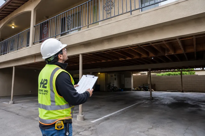 San Jose soft-story screening in progress — H2 Seismic Pro engineer in hard hat and high-vis vest documenting an open ground-floor parking level with second-story occupied units above.